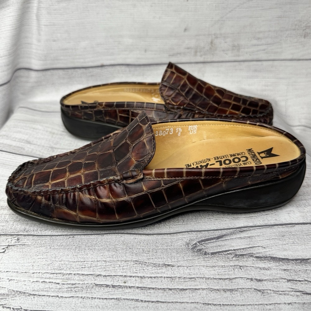 Mephisto Air Jet Brown Leather Croc Embossed Mules Moc Croc Shoes Size 8